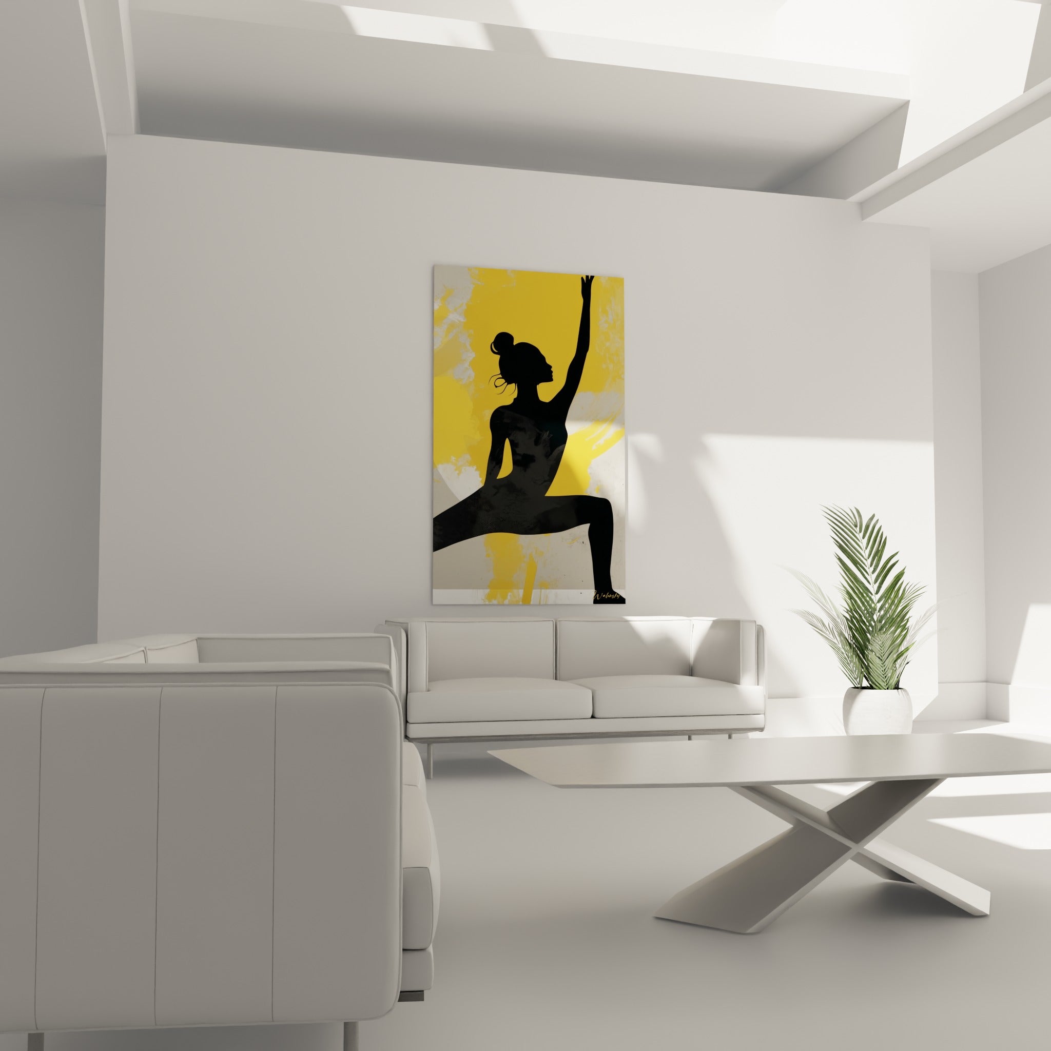 Danseuse yoga silhouette anthracite sur jaune vif suspendue au-dessus d'un canapé dans un salon lumineux