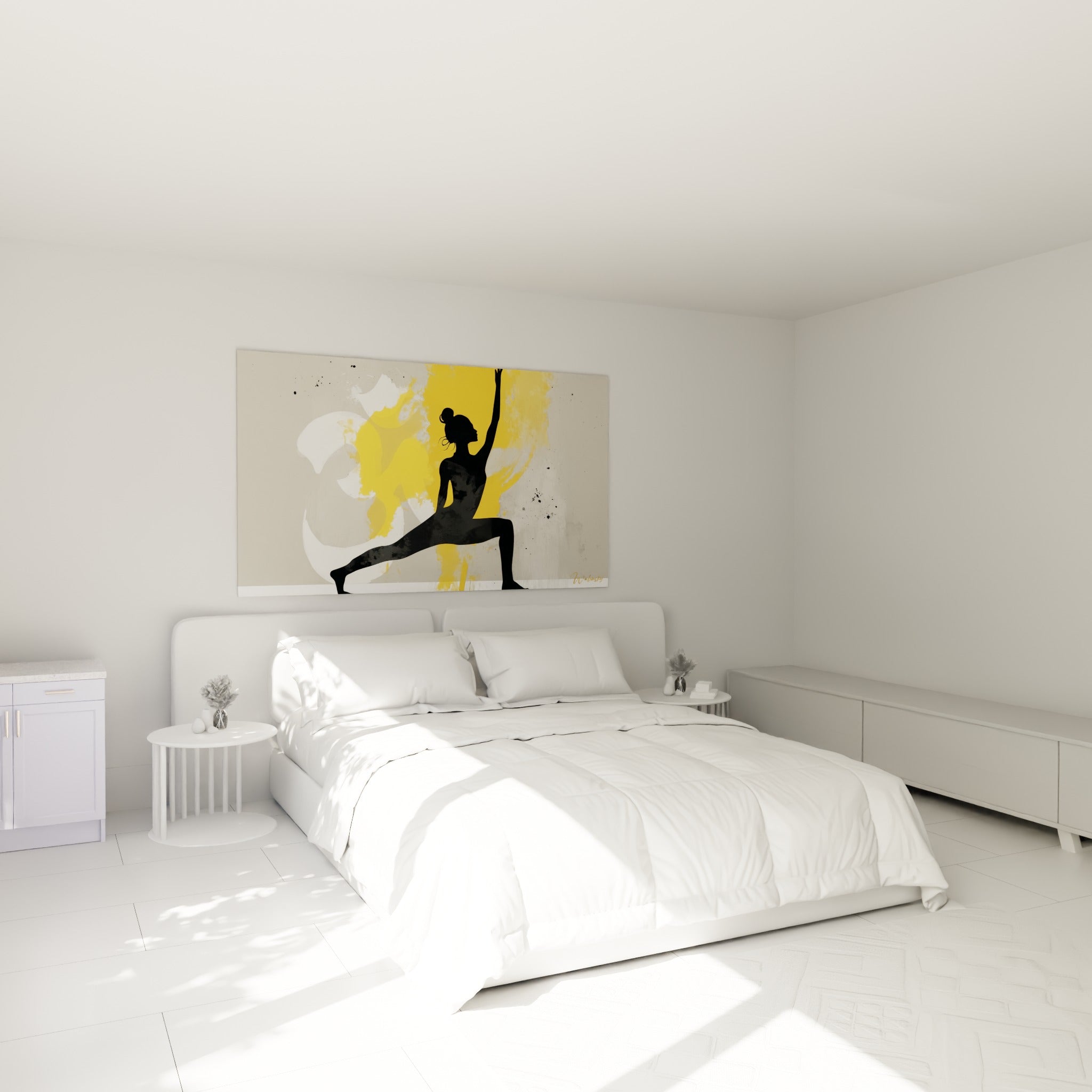 Guerrière de yoga noire et jaune moutarde accrochée au-dessus d'un lit dans une chambre claire