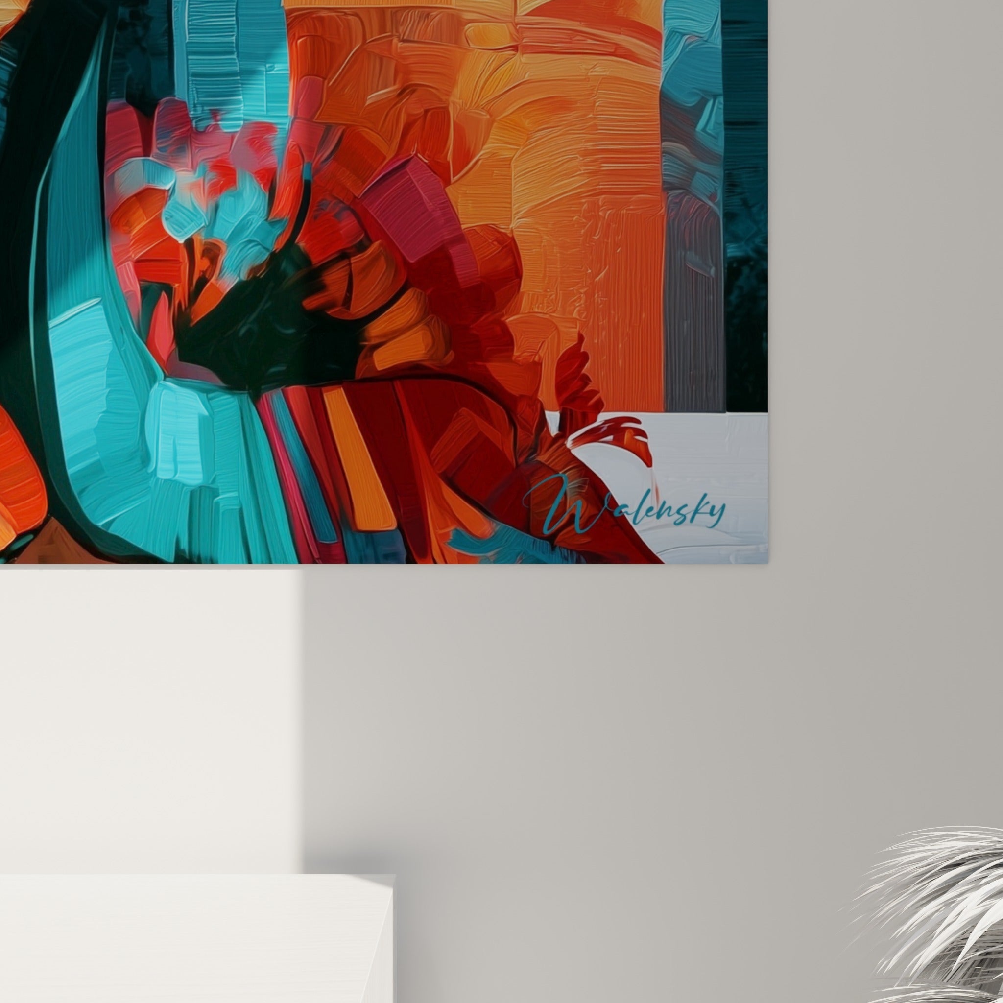 Empâtements orange et turquoise se mêlant sur la toile, matière épaisse capturant le geste du yoga