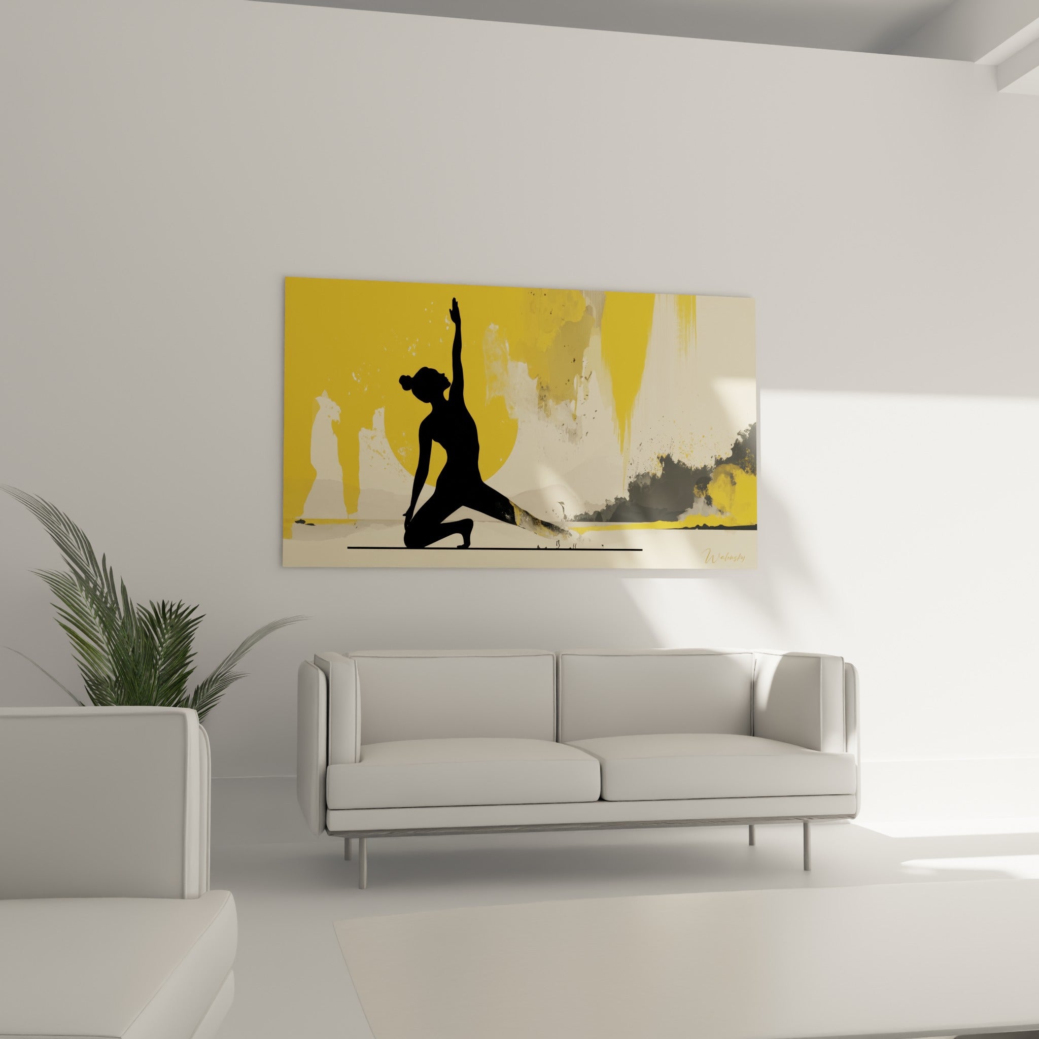 Figure de yoga graphique noire sur fond moutarde et gris au-dessus d'un canapé dans un salon lumineux