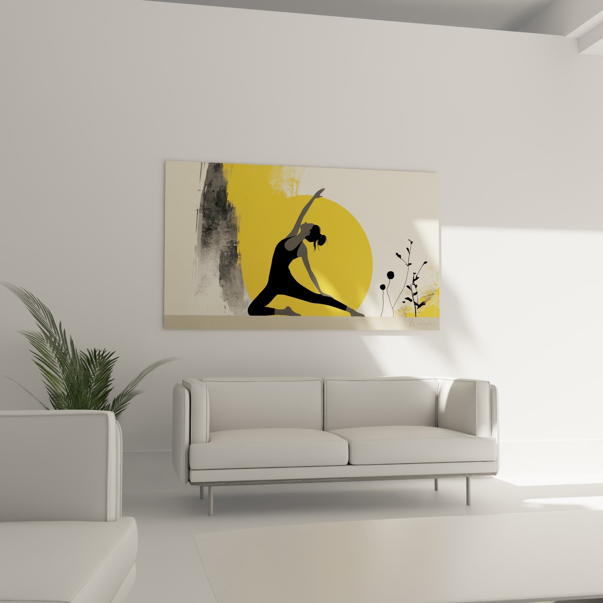 Posture de yoga graphique jaune et anthracite, accrochée au-dessus d'un canapé dans un salon lumineux