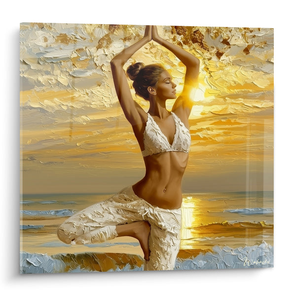 Tableau Silhouette dorée en posture de l'arbre - Équilibre au crépuscule - Edition yoga