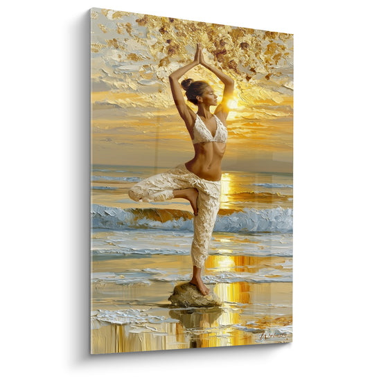 Tableau Femme en tenue blanche sur rocher doré - Vagues au coucher du soleil - Edition yoga