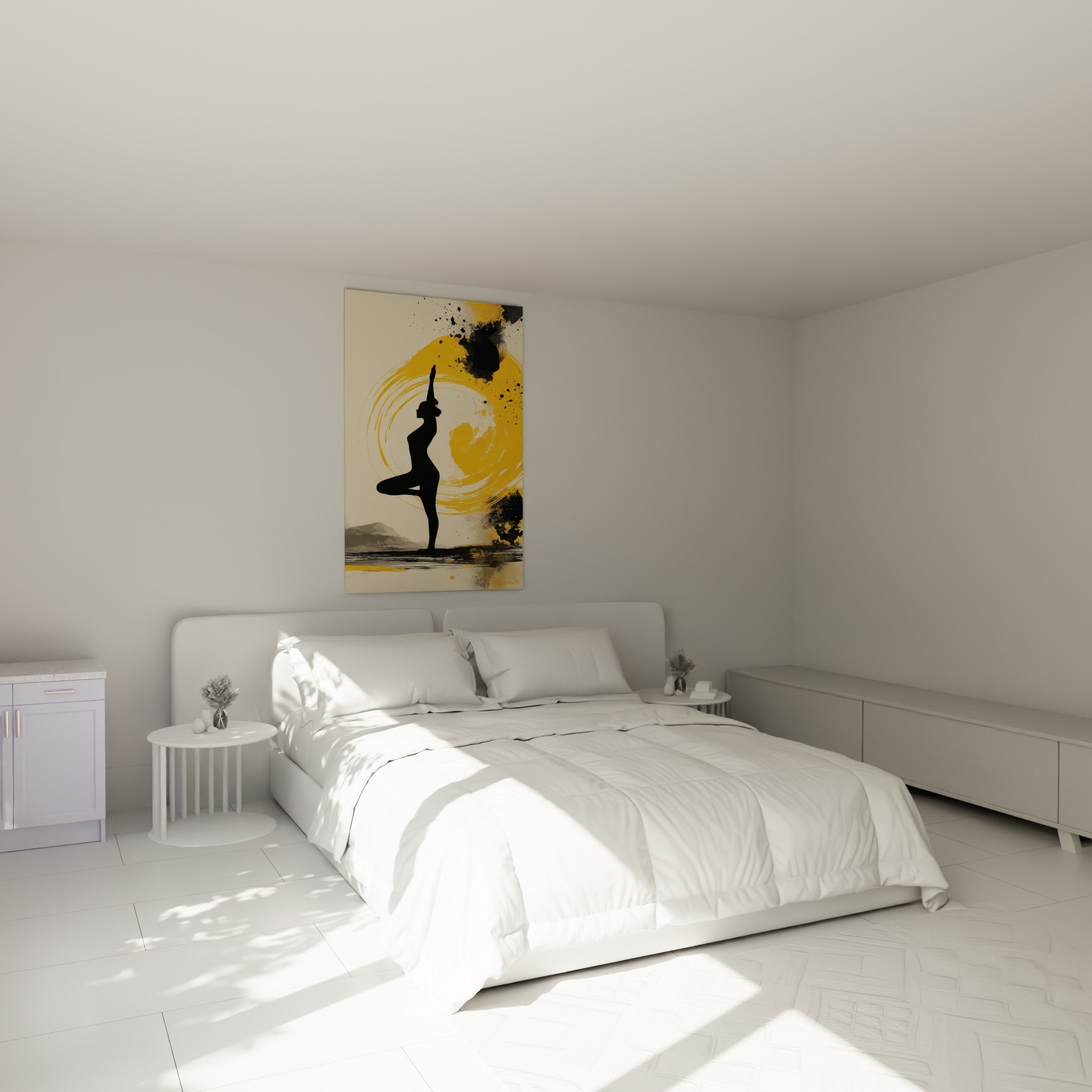 Posture de yoga en silhouette noire et jaune moutarde accrochée au-dessus d'un lit dans une chambre claire