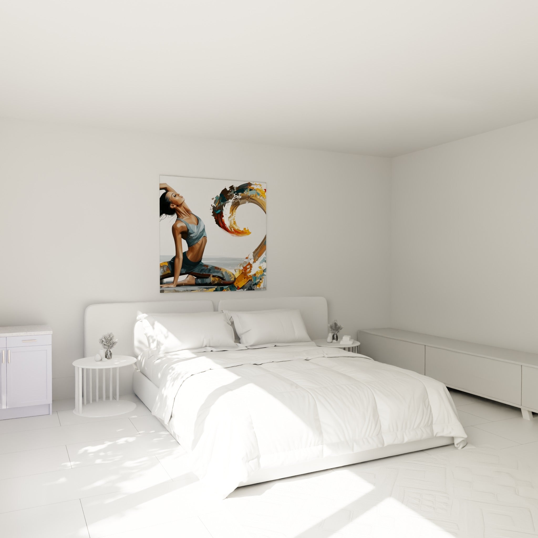 Silhouette cambrée en tenue bleu ardoise et vague dorée, au-dessus d'un lit dans une chambre claire