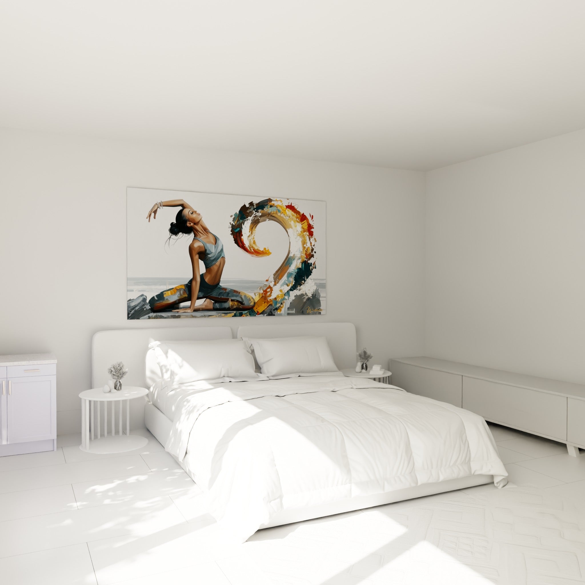Posture de yoga cambrée aux teintes anthracite et dorées, au-dessus d'un lit dans une chambre claire