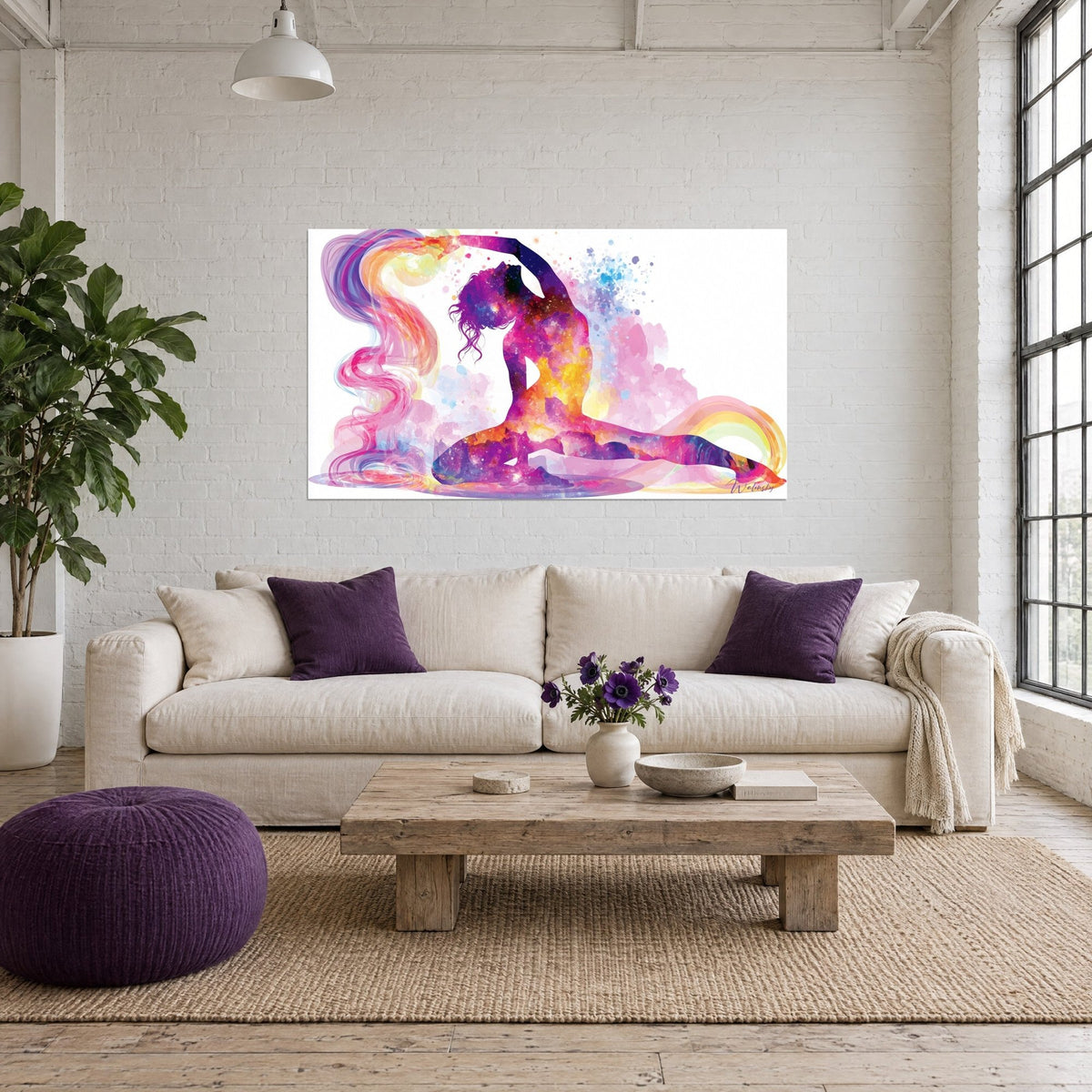 Wall art of a twisted yoga pose, pink and violet silhouette against yellow clouds, above a sofa in a bright living room