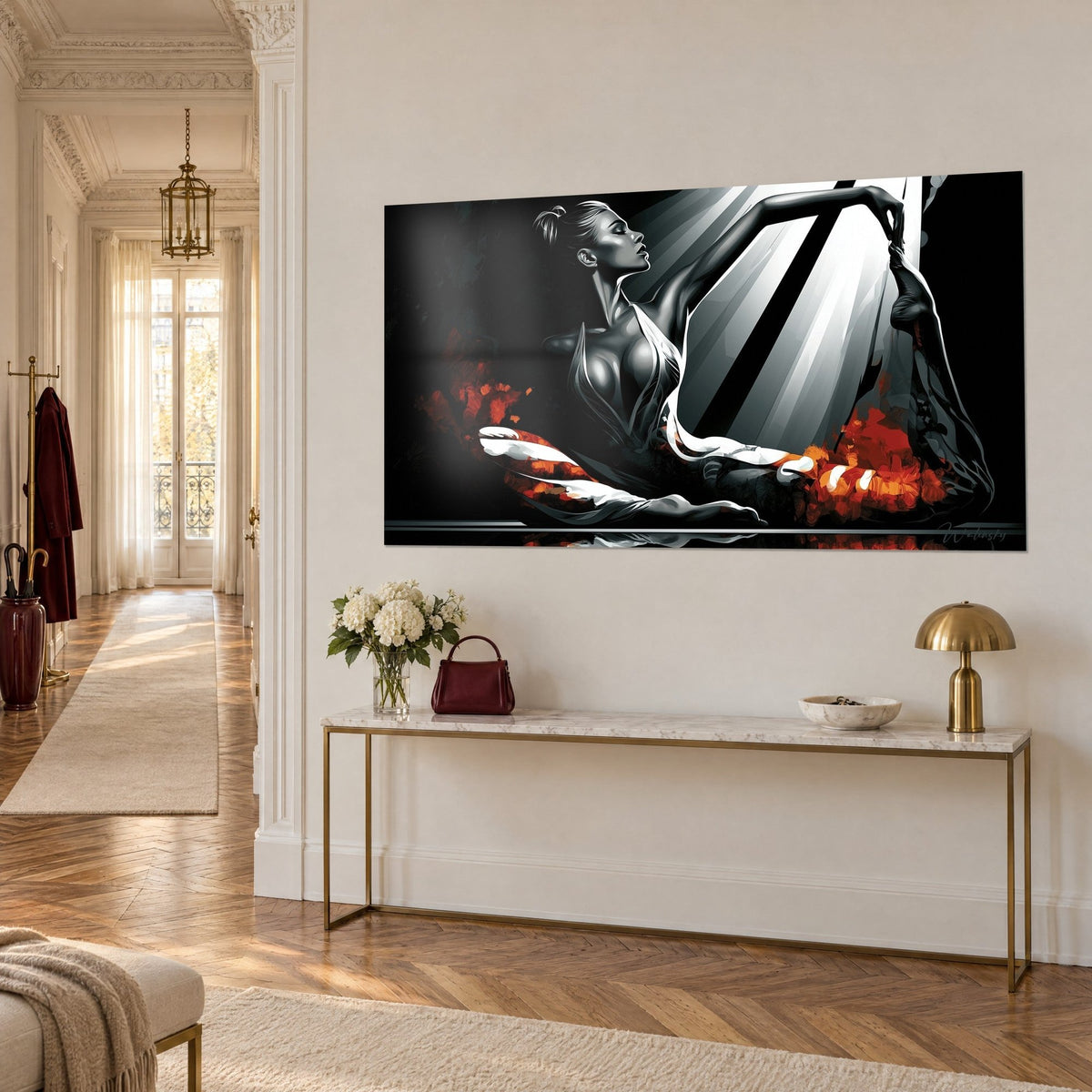 Wall art yogini with closed eyes, leg raised in a white beam of light, orange-red flowers, on a Haussmann-style wall