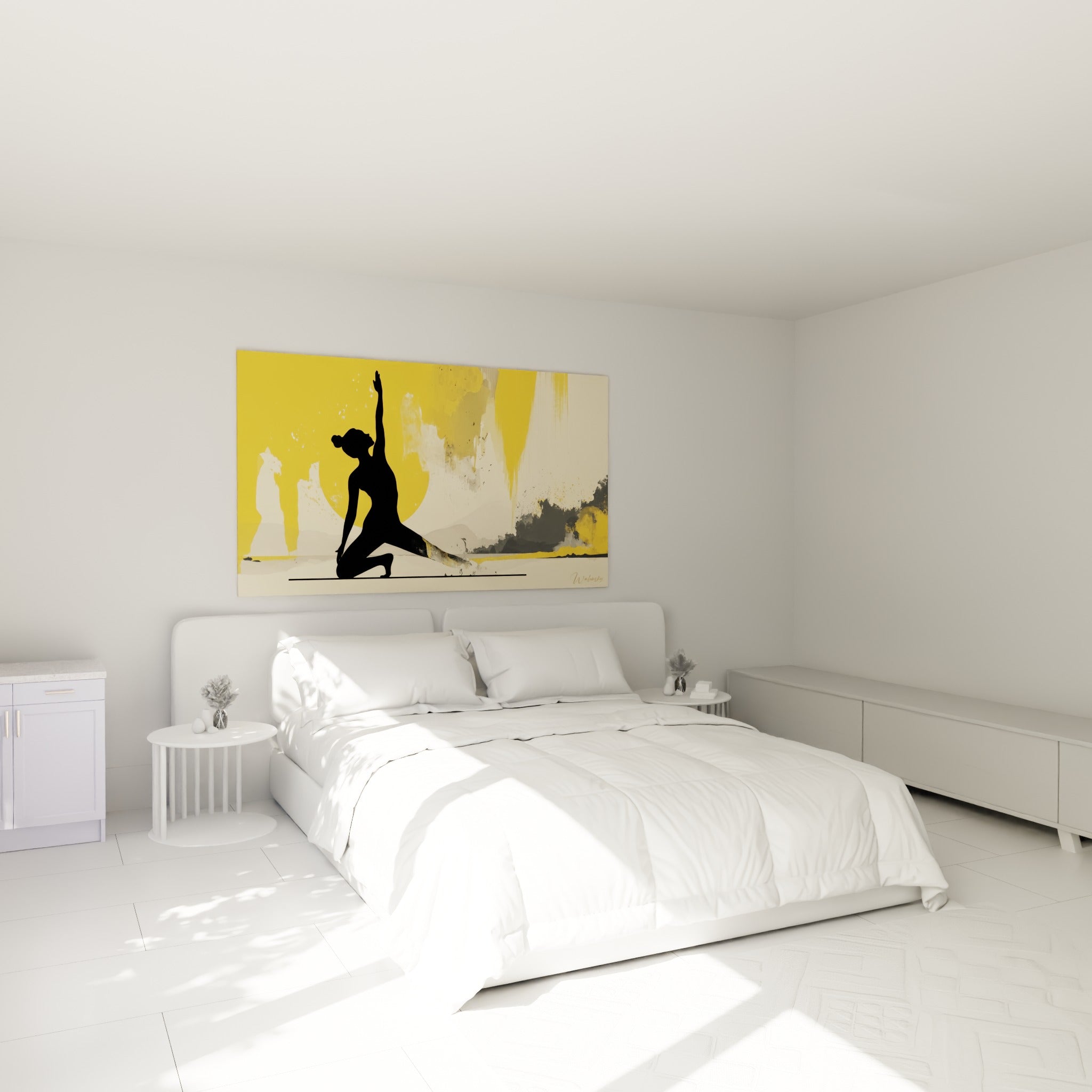 Posture de yoga noire aux tons jaunes et beiges accrochée au-dessus d'un lit dans une chambre claire