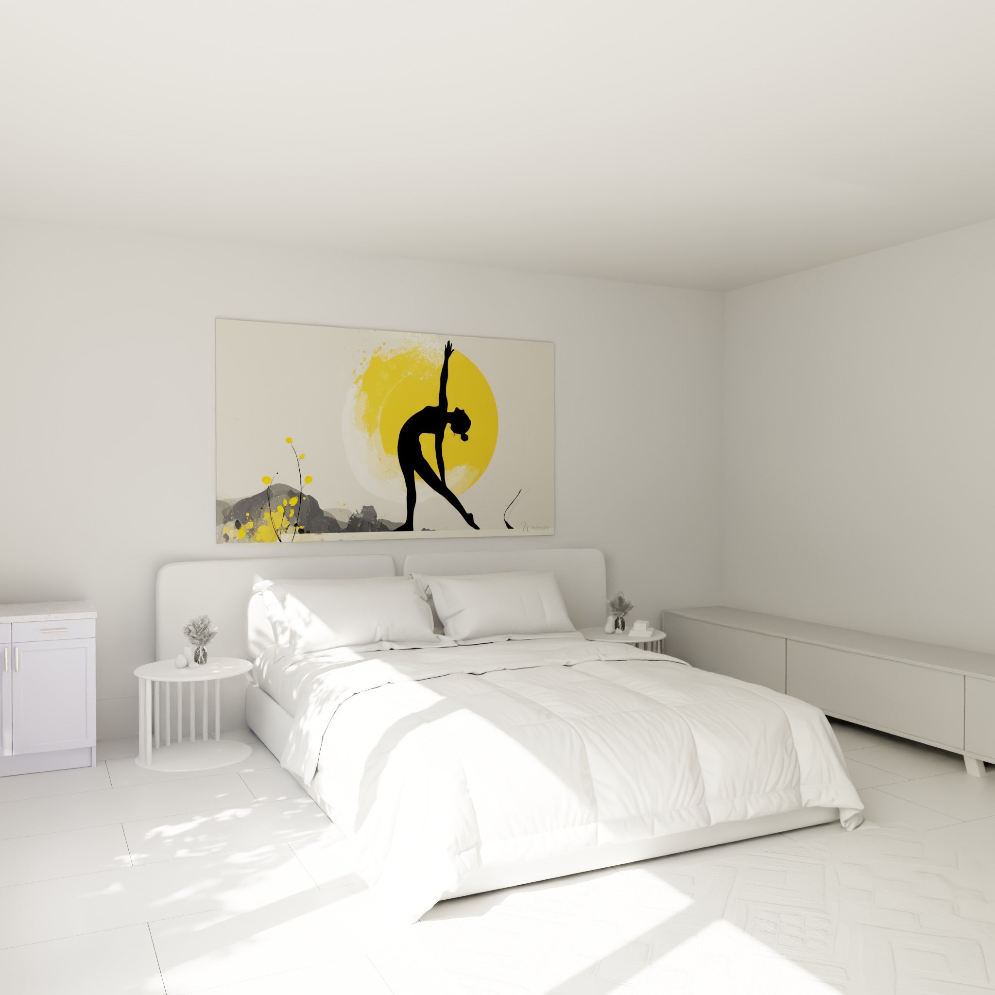 Posture de yoga en noir et jaune doré accrochée au-dessus d'un lit dans une chambre claire