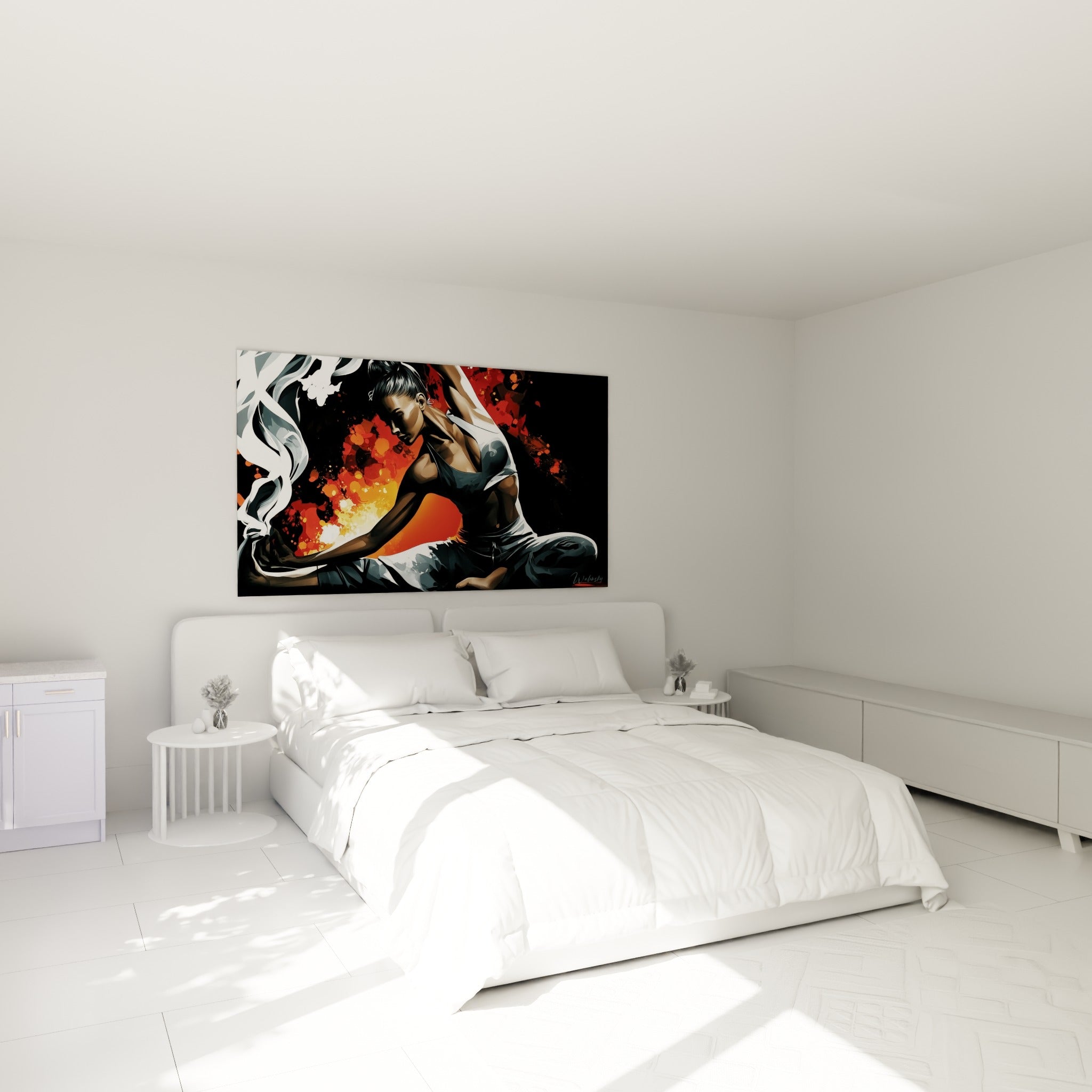 Pratiquante de yoga en extension latérale, tons orange et anthracite, au-dessus d'un lit dans une chambre claire