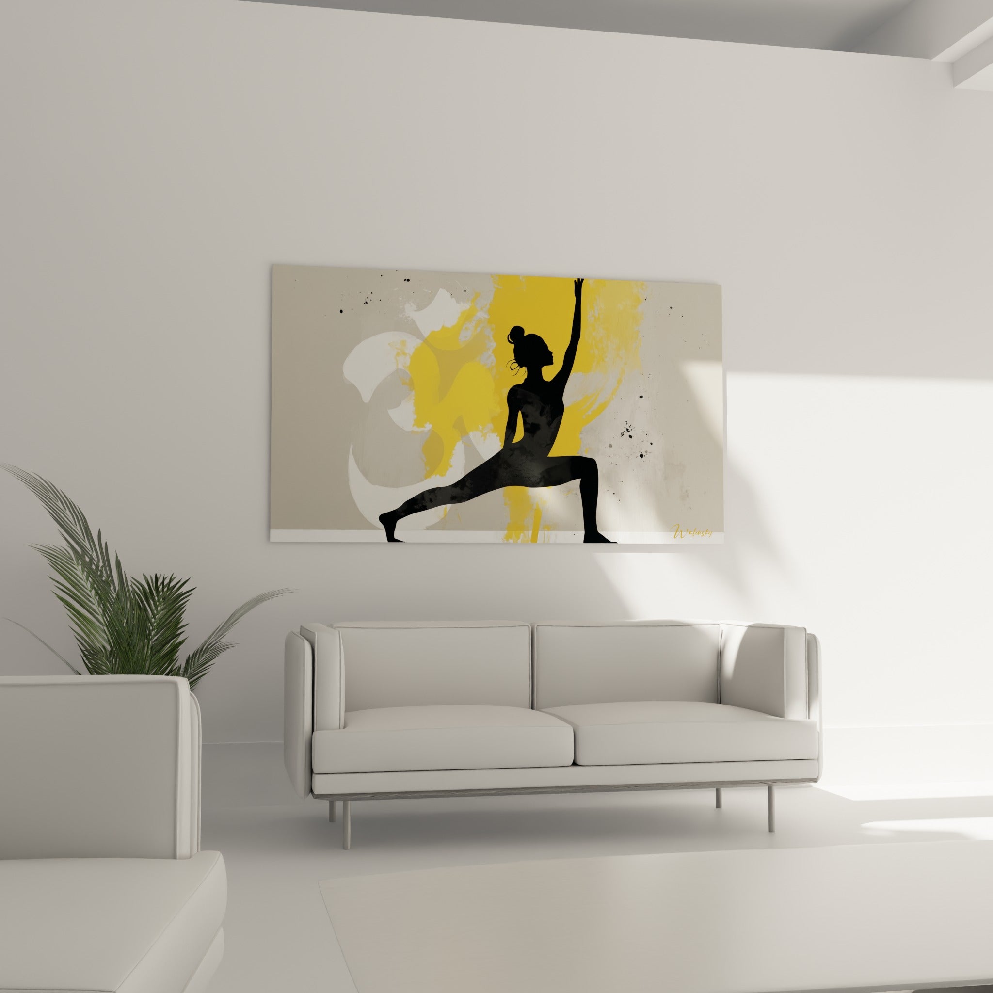 Posture de yoga graphique en noir et gris taupe suspendue au-dessus d'un canapé dans un salon lumineux