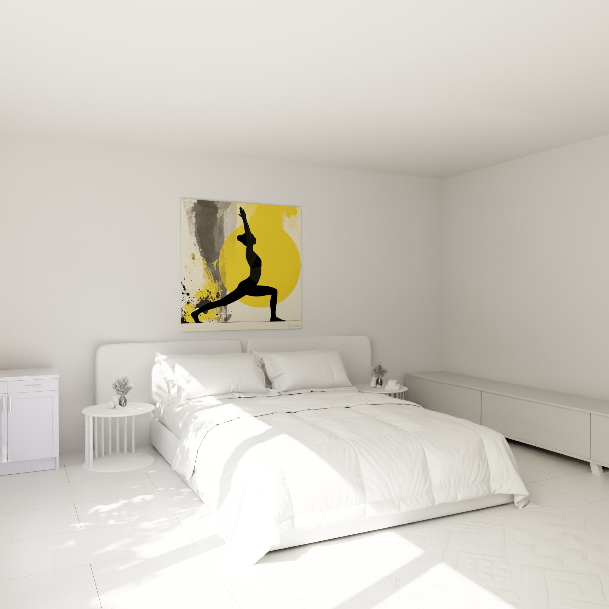 Posture yoga noire bras levé vers un disque jaune, au-dessus d'un lit dans une chambre claire