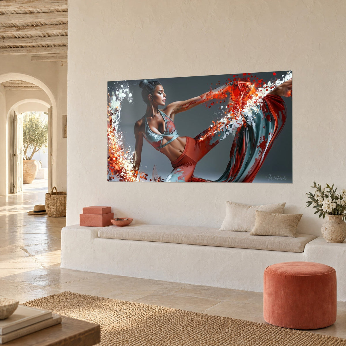 Wall art of a yogini with a grey bun, arm stretched over orange and white sheaves, three-quarter view, cream bench in a Mediterranean home