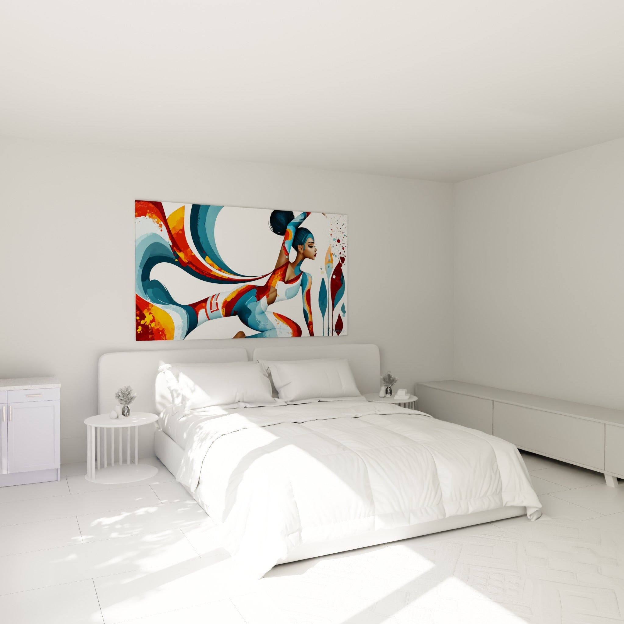 Posture yoga dynamique en orange et bleu marine au-dessus d'un lit dans une chambre claire
