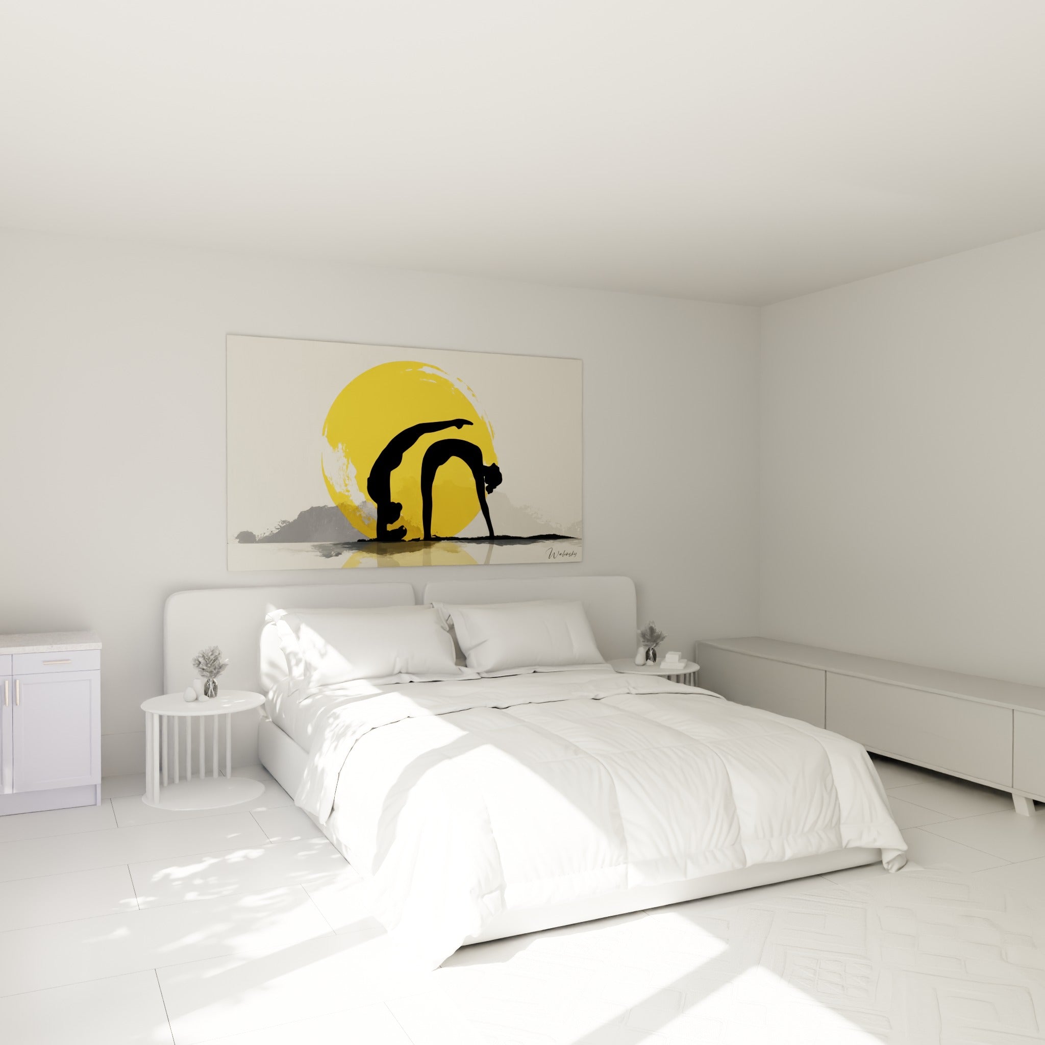 Posture de pont noire face au soleil jaune doré, accrochée au-dessus d'un lit dans une chambre claire