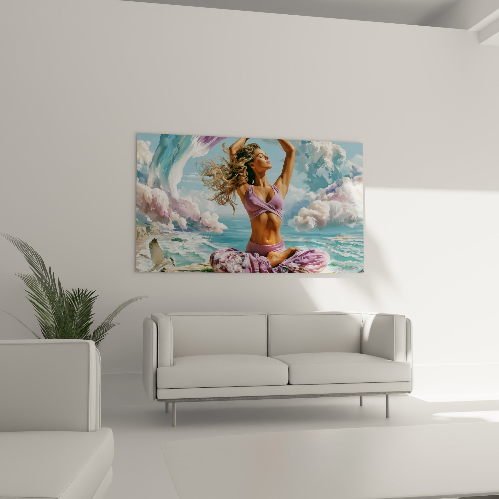 Figure méditative en tenue mauve devant des vagues bleu turquoise, au-dessus d'un canapé dans un salon lumineux