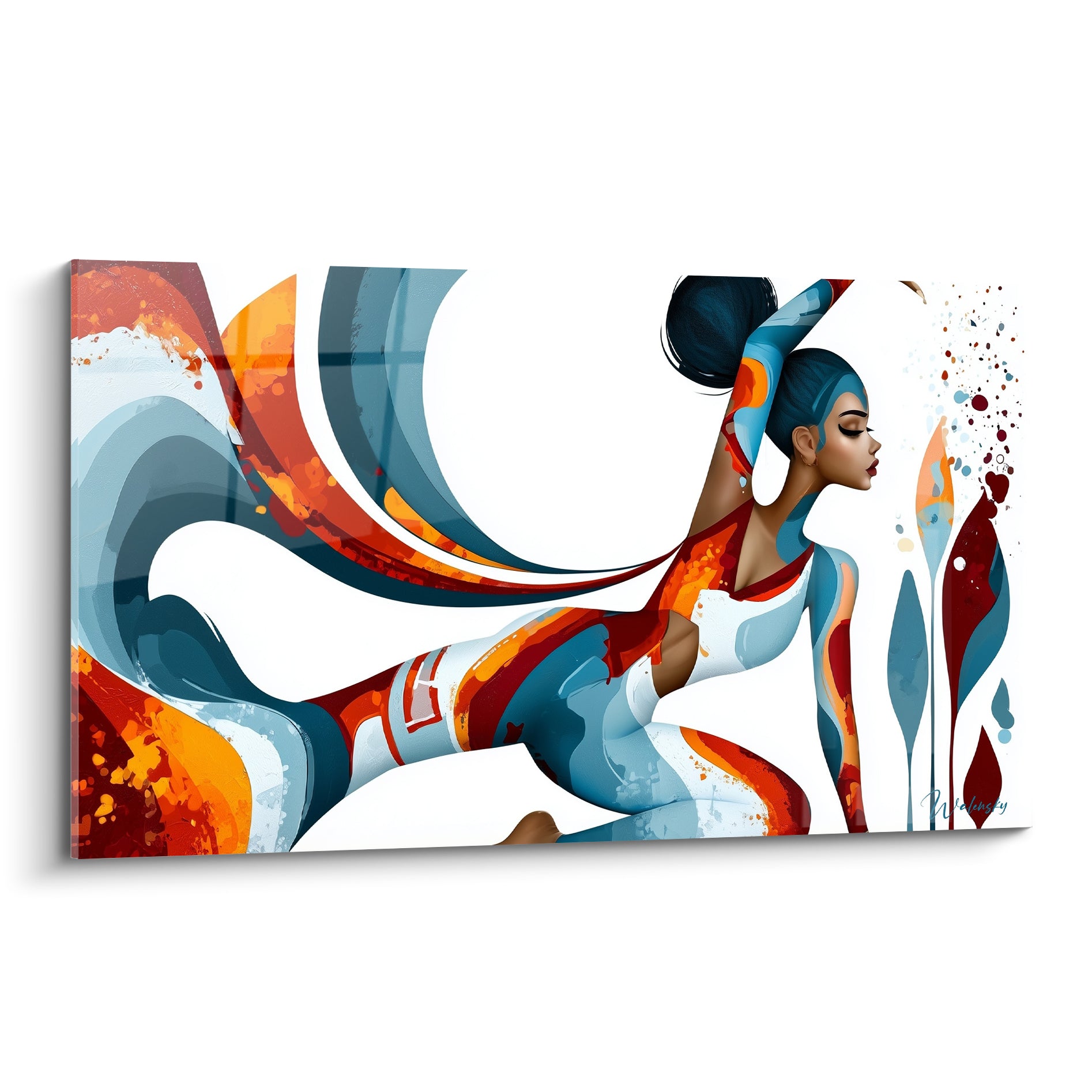 Silhouette yoga cambrée en bleu pastel et orange vif, traînées picturales terracotta sur fond blanc