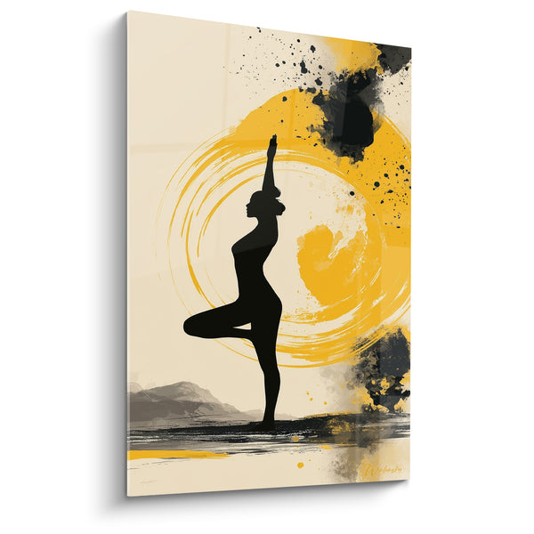 Tableau Silhouette noire posture arbre halo doré - Équilibre solaire - Edition yoga
