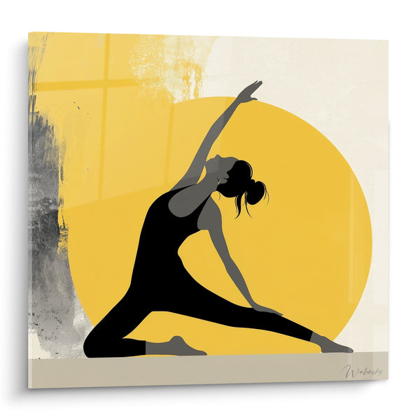 Tableau Silhouette noire sur cercle jaune moutarde - Étirement solaire - Edition yoga