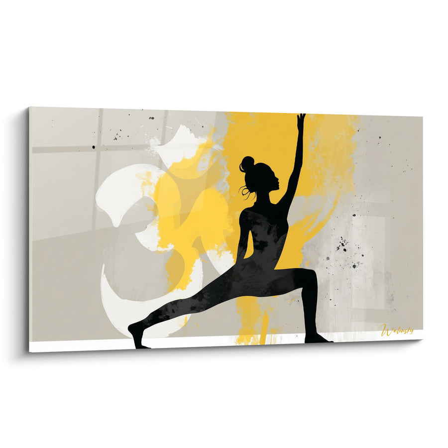 Tableau Silhouette noire aux éclaboussures jaunes et symbole om - Fente basse au chignon - Edition yoga