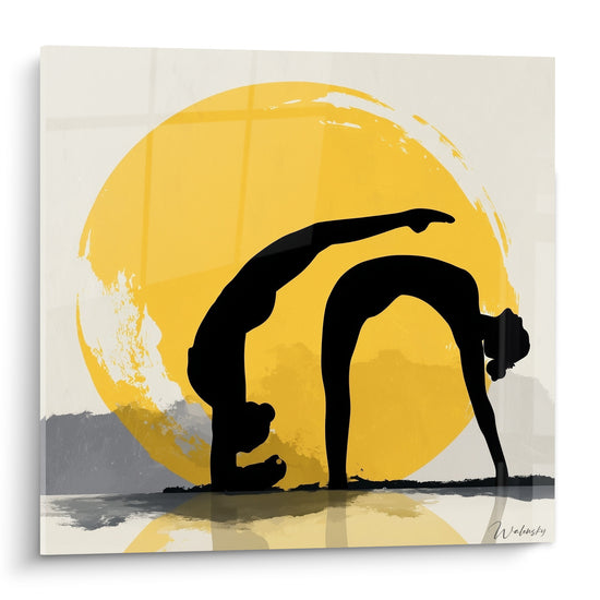 Silhouettes noires en posture du pont devant un soleil doré, tableau yoga graphique