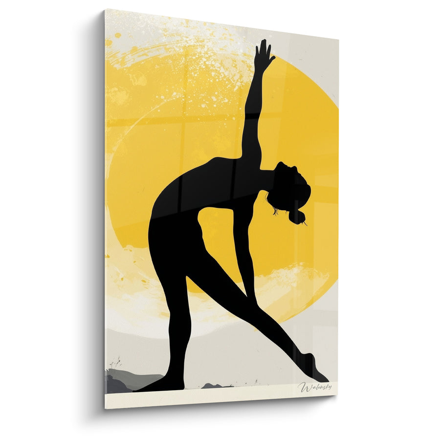 Tableau Silhouette noire penchée sur disque jaune éclaboussé - Posture triangle inclinée - Edition yoga