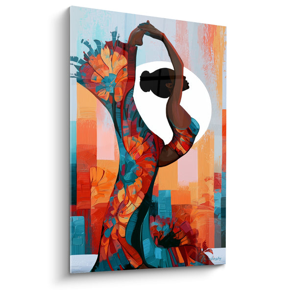 Tableau Silhouette cambrée en robe orange et turquoise - Envol du corps - Edition yoga