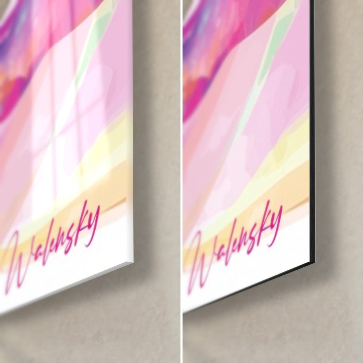 Schilderij yogi in houding, rechtsonder: roze Walensky-handtekening op pastelkleurige achtergrond, glanzend acrylglas links, mat zwart Dibond rechts