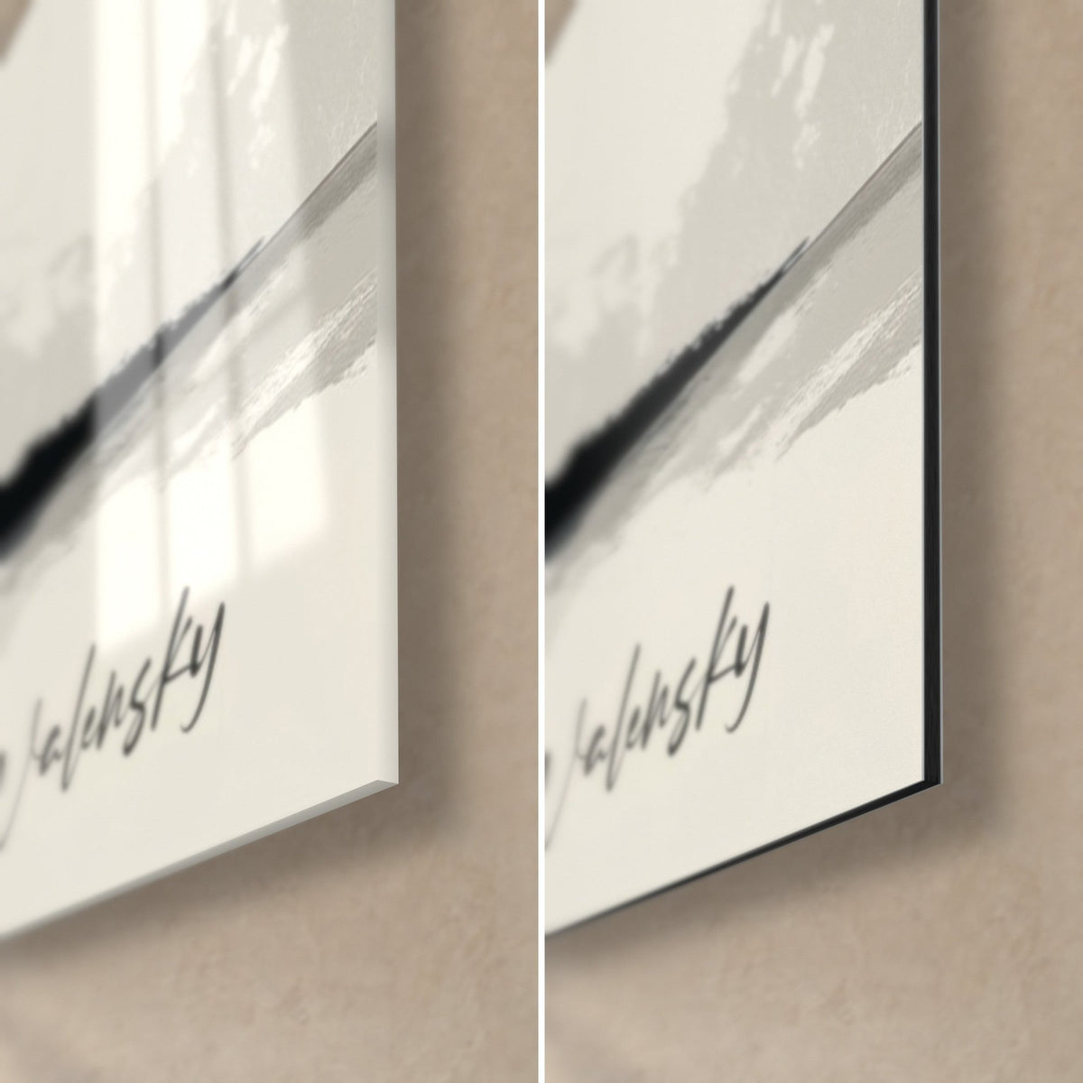 Cuadro yogui en postura del puente, abajo a la derecha firma Walensky sobre marfil, cristal acrílico brillante a la izquierda, aluminio Dibond negro mate a la derecha