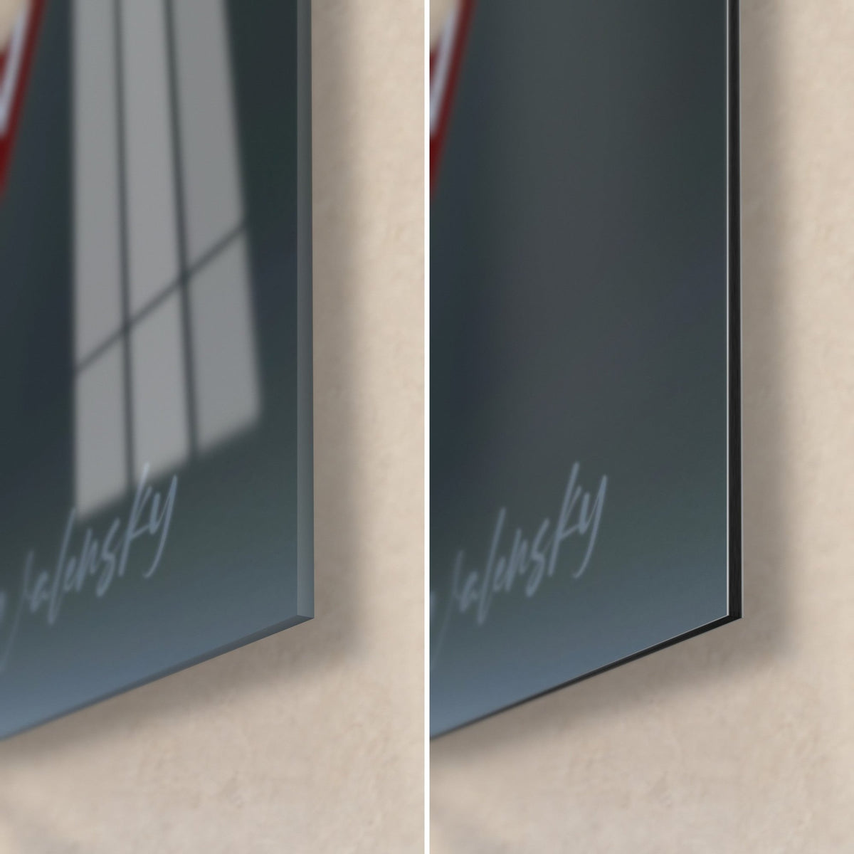 Wall art of a dancer in a grey-blue bralette, bottom right corner: glossy acrylic glass on the left, matte Dibond aluminium on the right, 3 mm edge