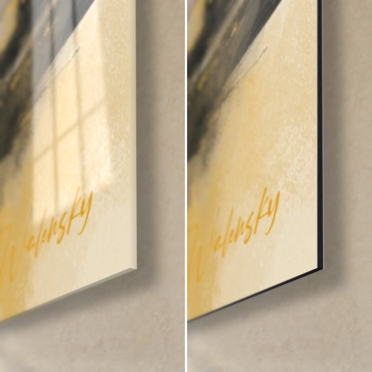 Wall art black balance dancer on ivory and yellow background, bottom right corner, glossy acrylic glass on the left, matte Dibond on the right, 3 mm edge