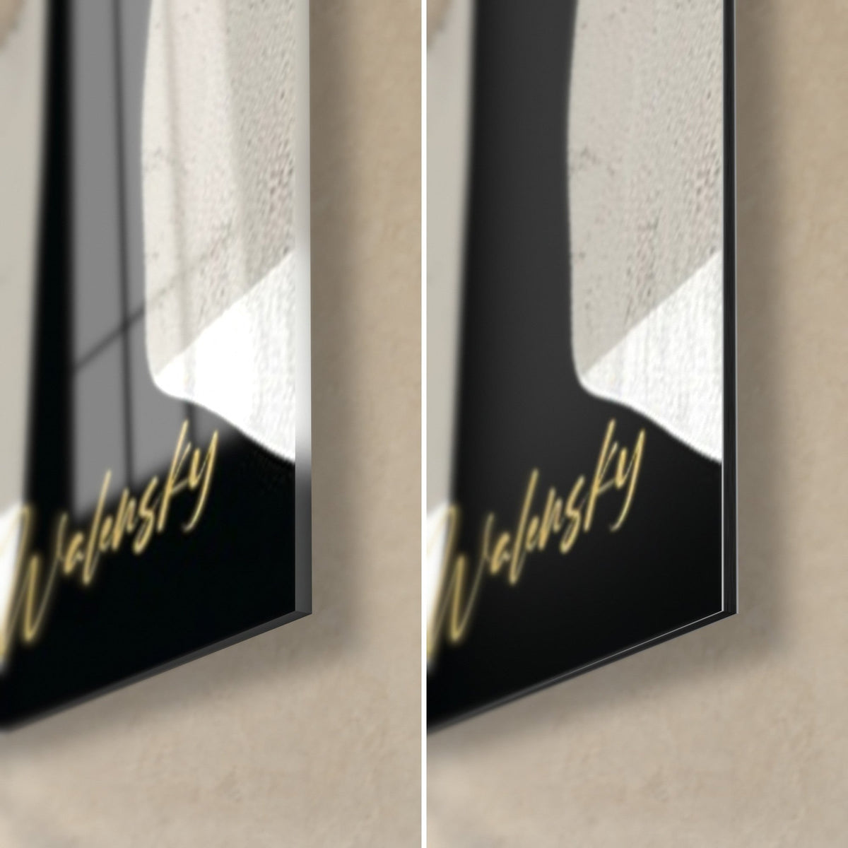 Wall art yoga figure in solid black, bottom right corner: glossy acrylic glass and matte Dibond, gold signature, 3 mm edge