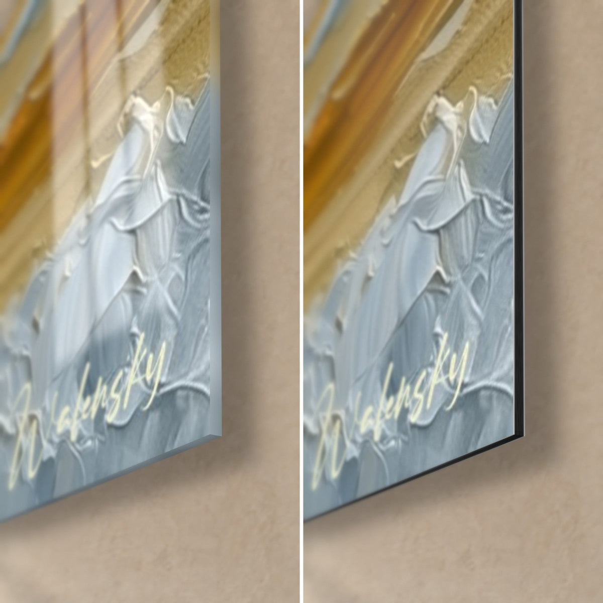 Wall art woman in tree pose, bottom right detail: glossy acrylic glass on the left, matte Dibond aluminium on the right, white and blue impasto, 3 mm edge