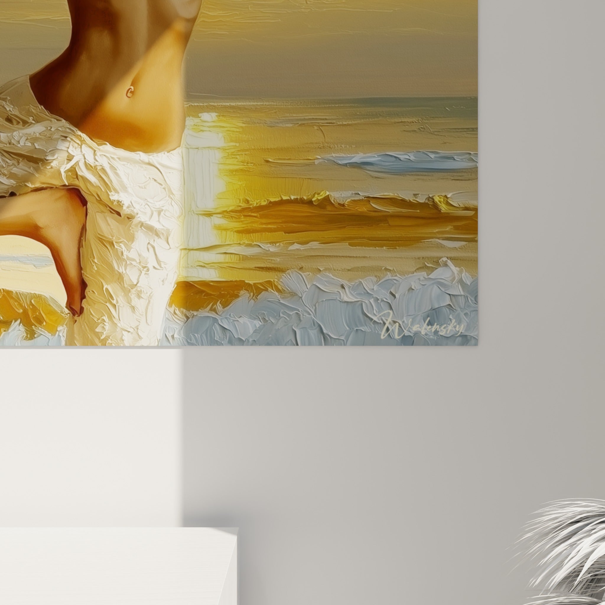 Empâtements épais dorés et blancs, coulures de peinture visibles sur cette scène de yoga au couchant