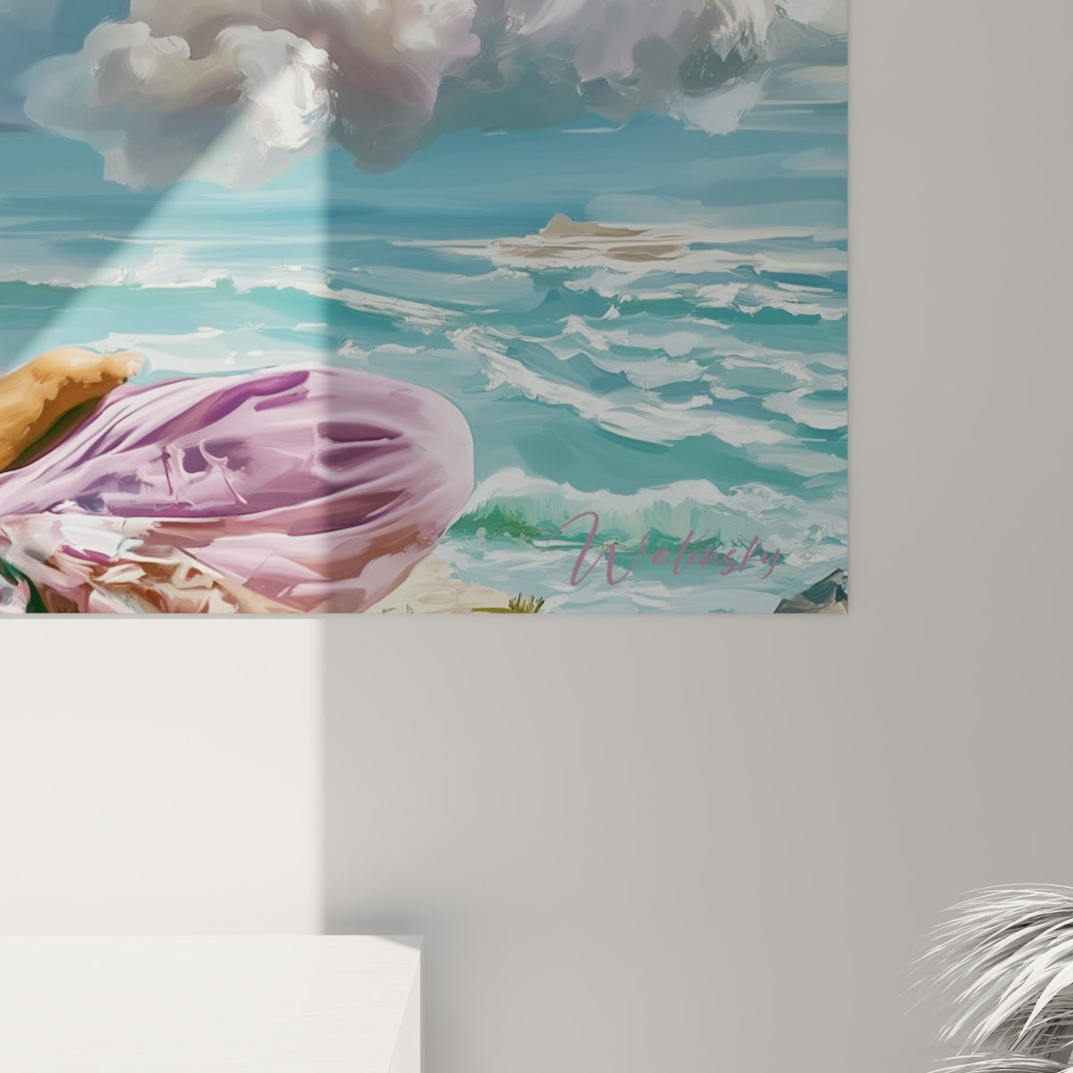 Détail des empâtements sur les nuages roses et blancs, mèches dorées et tenue mauve texturée de la toile yoga