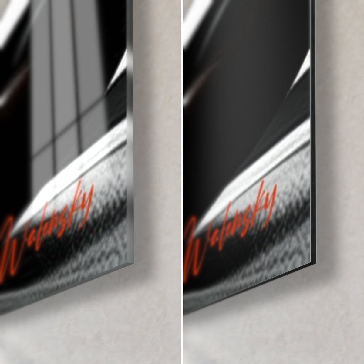 Wall art woman stretching, bottom right corner: glossy black and silver glass on the left, matt grey Dibond on the right, red signature