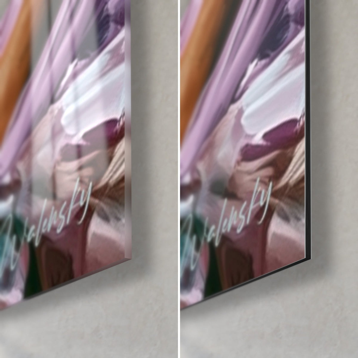 Quadro sportiva in top incrociato viola, angolo in basso a destra: vetro lucido a sinistra, Dibond opaco a destra, bordo da 3 mm