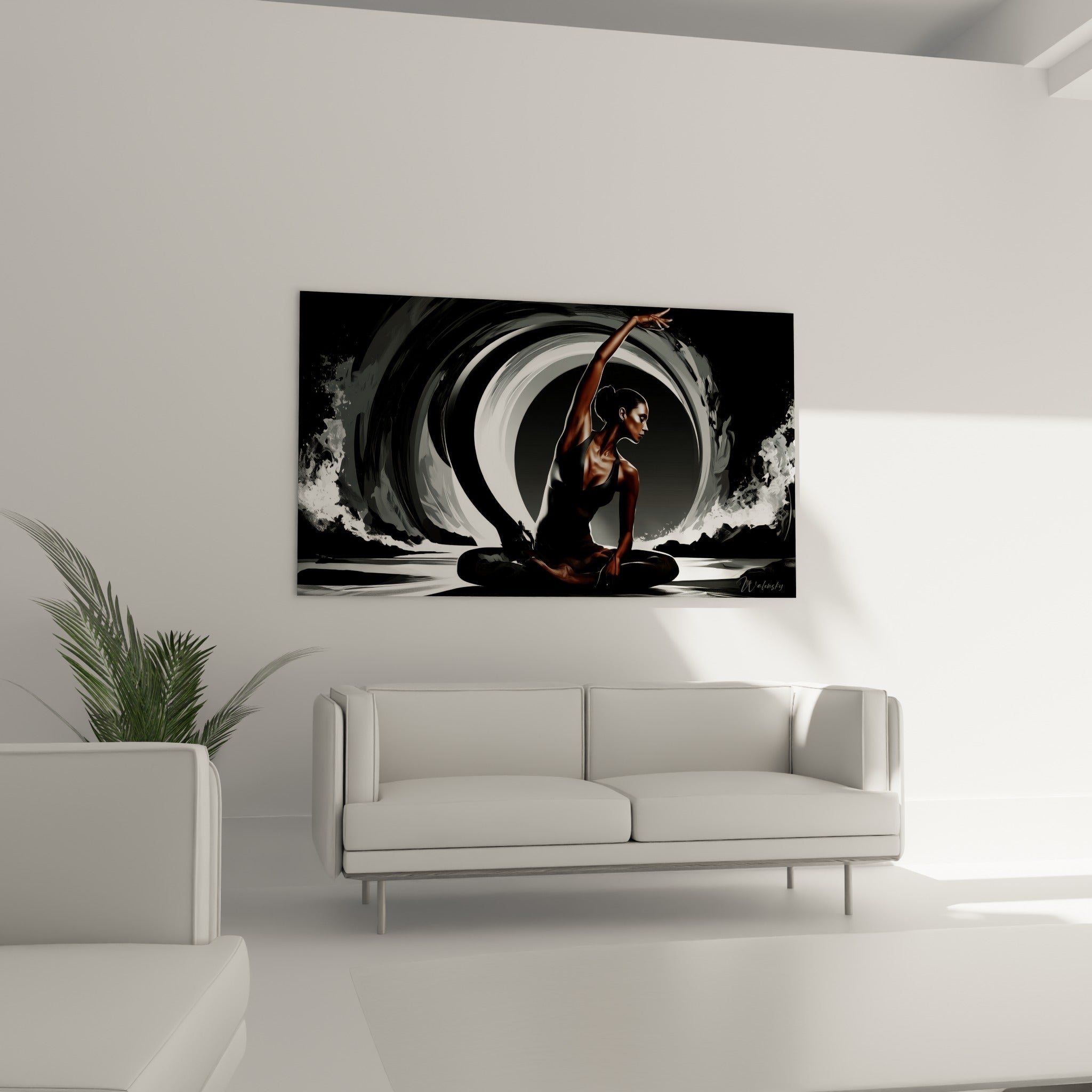 Silhouette fauve étirée dans un tourbillon blanc et noir, au-dessus d'un canapé dans un salon lumineux