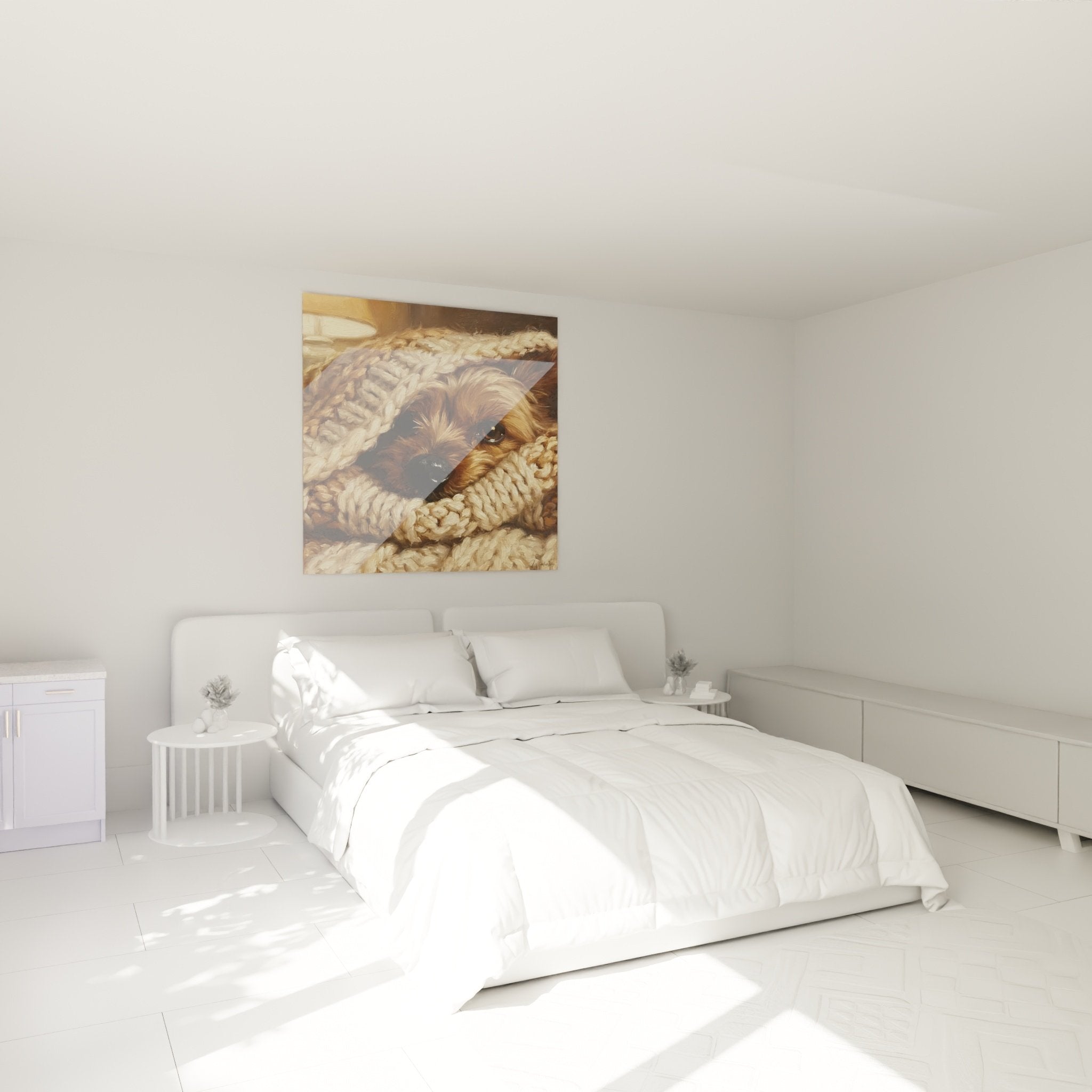 Tableau Yorkshire Terrier couverture crème dans chambre moderne, décoration murale apaisante tons neutres