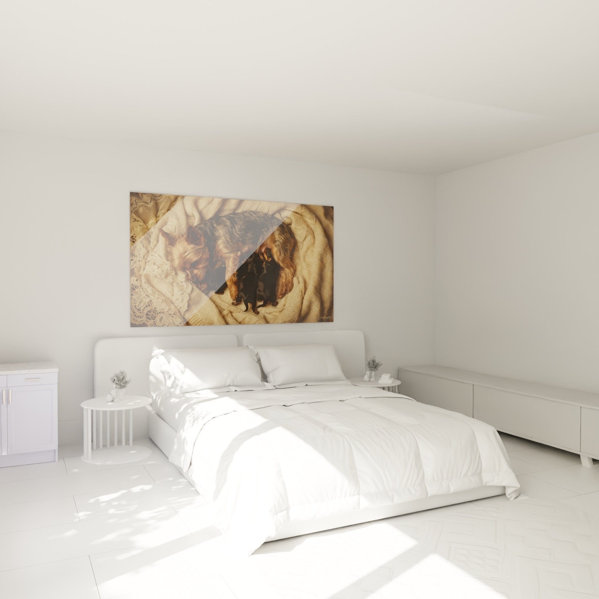 Tableau yorkshire et chiots accroche dans chambre decoration murale scene familiale tendresse maternelle canine