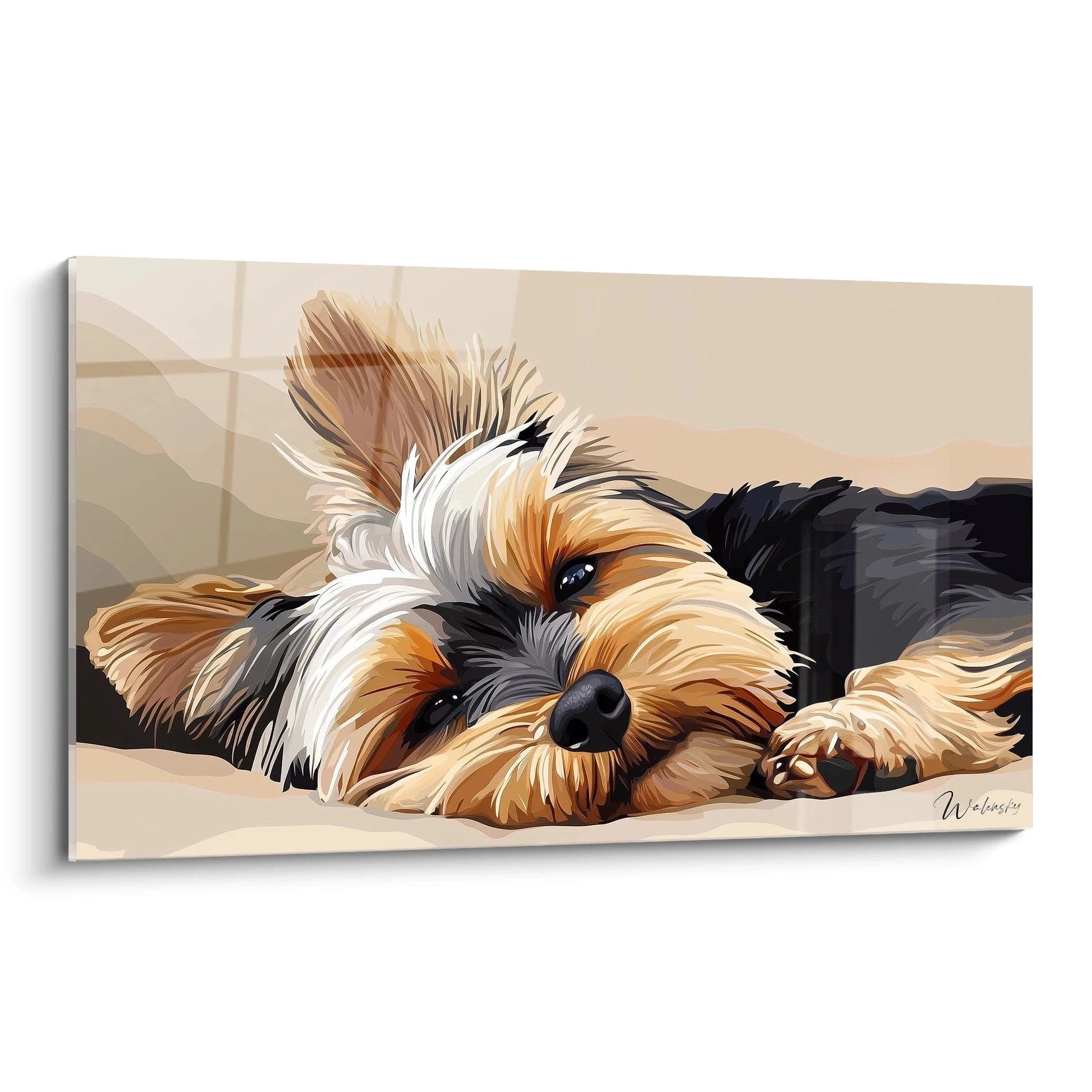 Un tableau Yorkshire représentant un chien allongé au repos, avec son pelage tricolore brun, noir et blanc détaillé. Les poils soyeux sont rendus avec une texture réaliste et des contrastes marqués sur fond beige dégradé.
