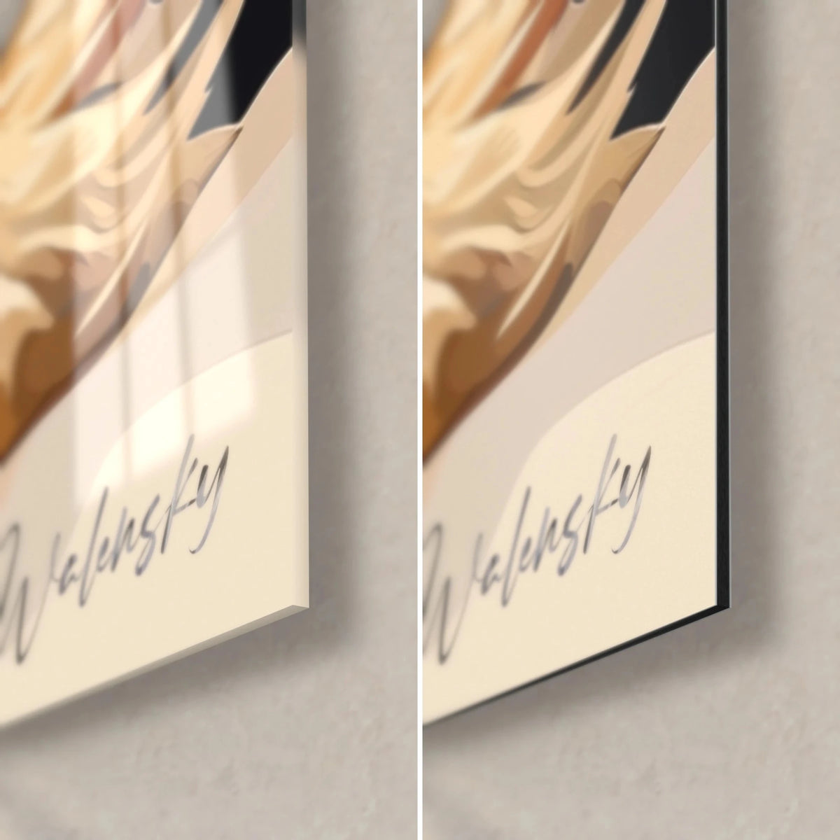 Wall art of a lying Yorkshire terrier, bottom right corner: Walensky signature on cream beige, glossy glass and matte black Dibond