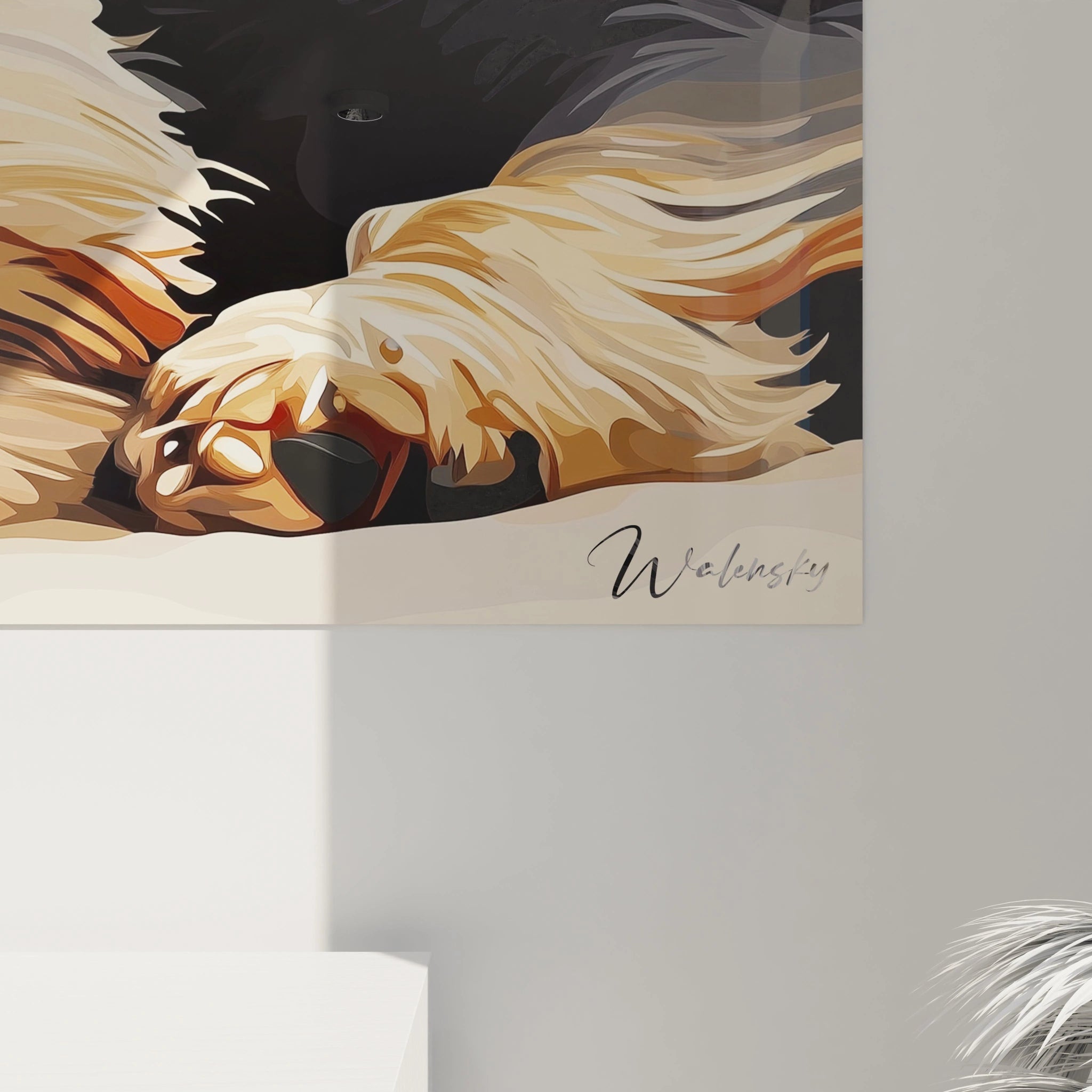 Un tableau Yorkshire terrier vu de face, illustrant la race avec précision. Le pelage aux tons caramel, blanc et noir est représenté avec des coups de pinceau délicats créant une texture réaliste, sur un arrière-plan aux ondulations douces.
