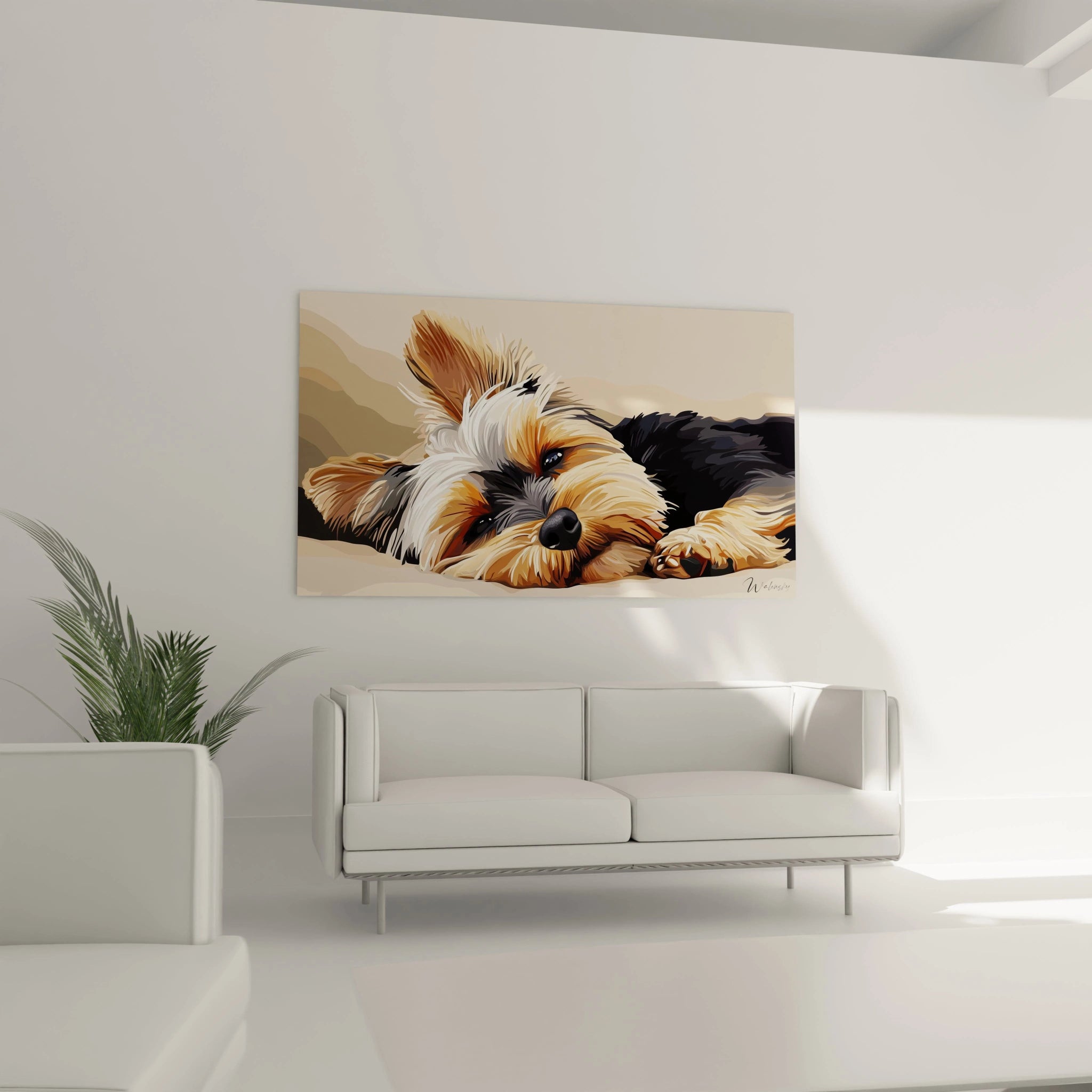 Un tableau Yorkshire artistique présentant un chien couché dans une pose détendue. Les nuances de beige, marron et noir créent un contraste harmonieux, avec un rendu détaillé des mèches de poils soyeuses et une atmosphère calme.
