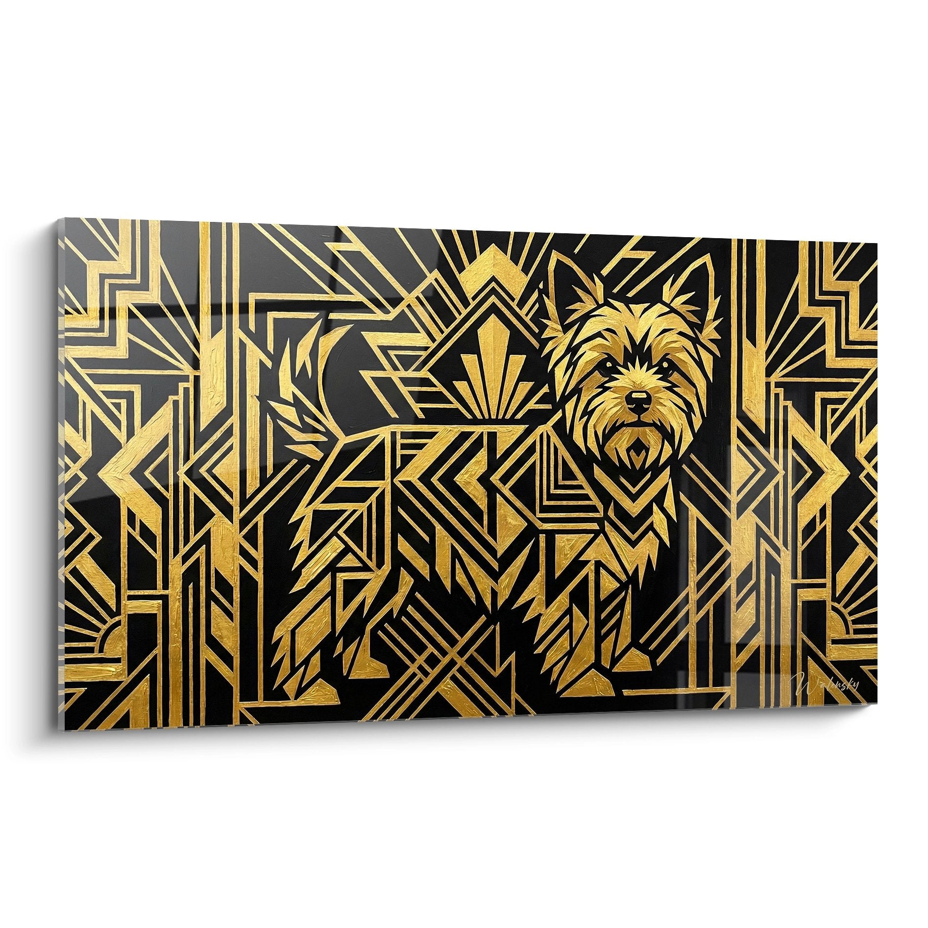 Tableau Yorkshire Terrier stylise motifs geometriques dores Art Deco fond noir elegance luxueuse
