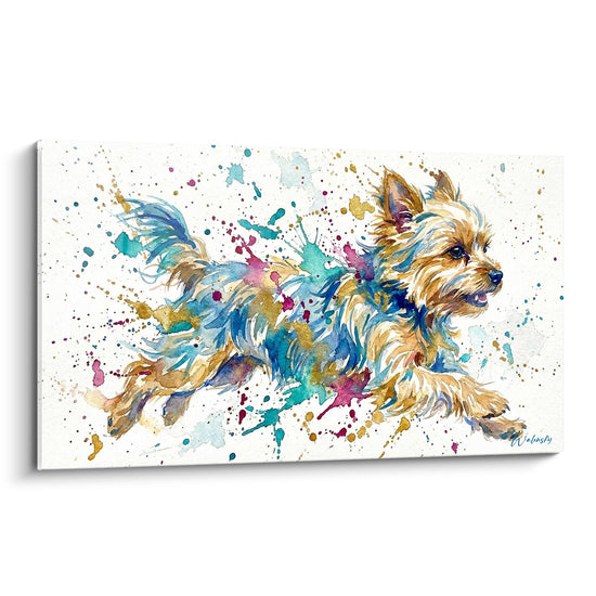 Quadro Yorkshire Terrier in corsa con schizzi turchese dorati viola su sfondo bianco
