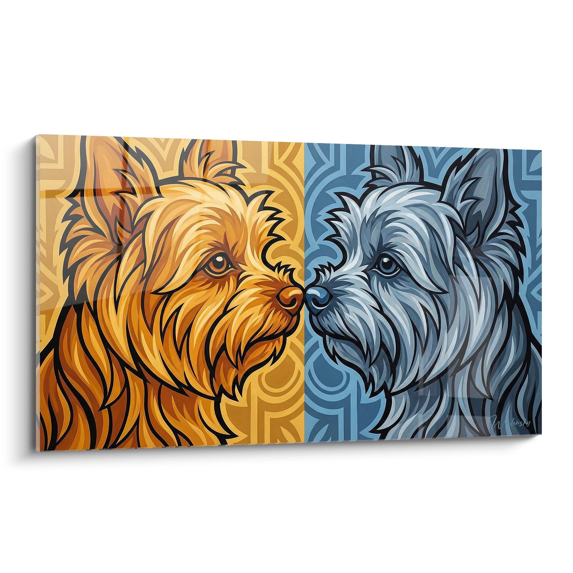 Tableau artistique représentant deux Yorkshire Terrier en contraste doré et argenté sur fond géométrique moderne