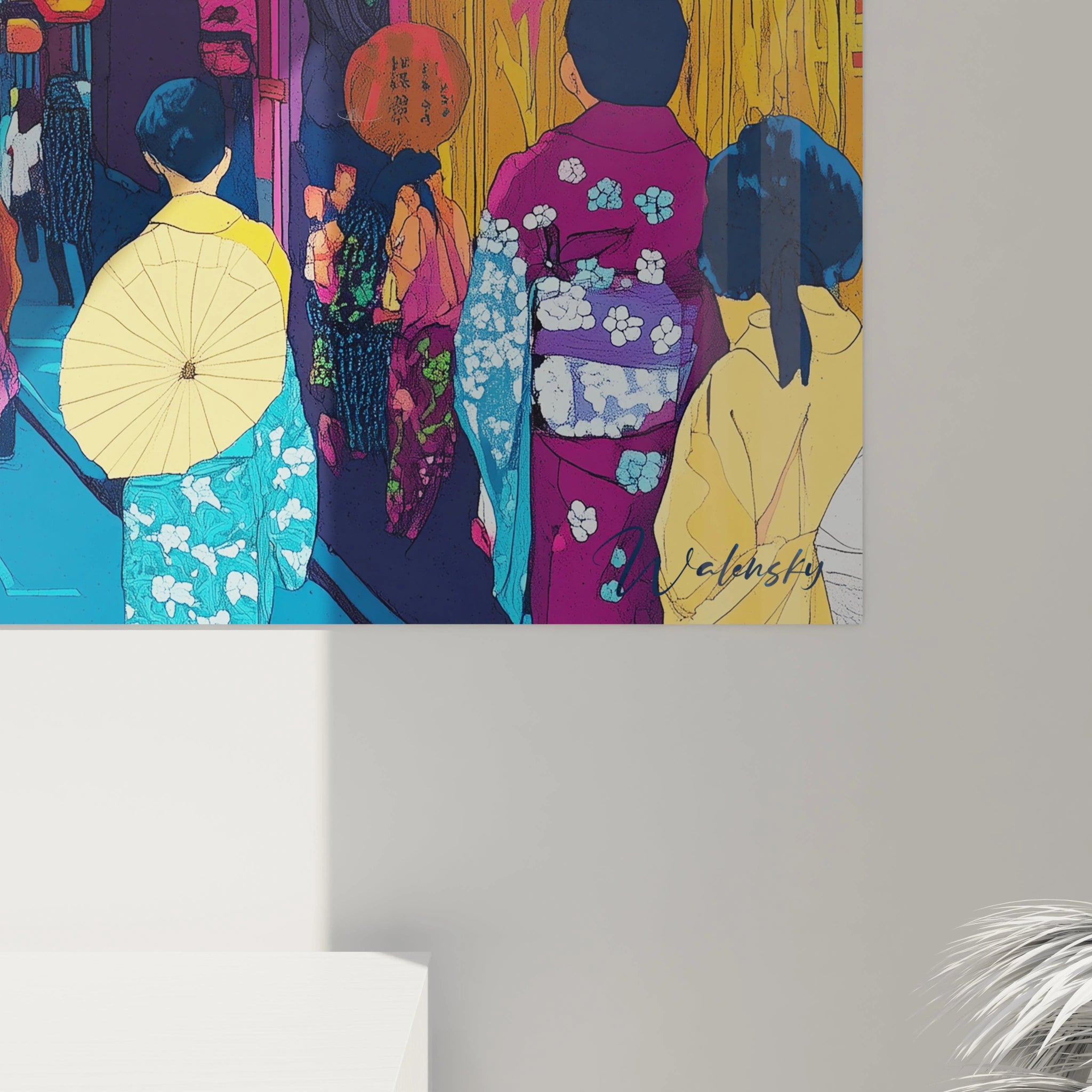 Tableau japon Walensky représentant des femmes en kimonos colorés dans une scène traditionnelle japonaise