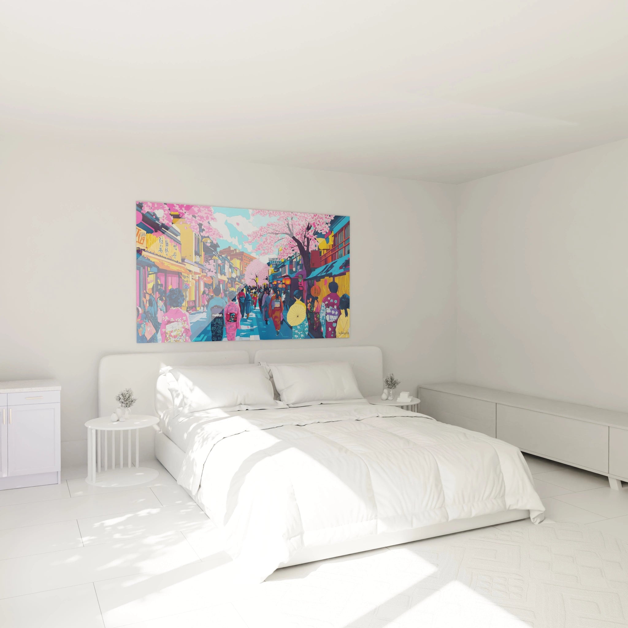Tableau Japon coloré de Walensky représentant une scène de rue avec cerisiers en fleurs dans une chambre minimaliste